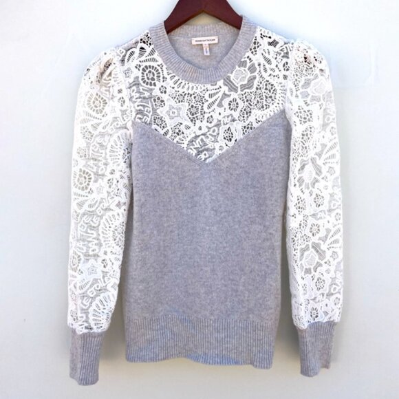 Rebecca Taylor Illusion Scalloped Lace Gray Wool Boho Chic Sweater Size Small/XS - Picture 4 of 8